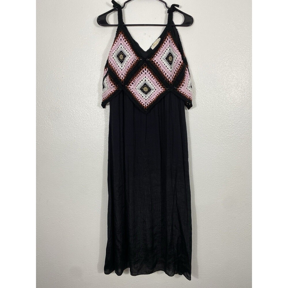REBELLION Crochet Geometric Maxi Dress Sleeveless Black Pink Size M - Picture 4 of 15